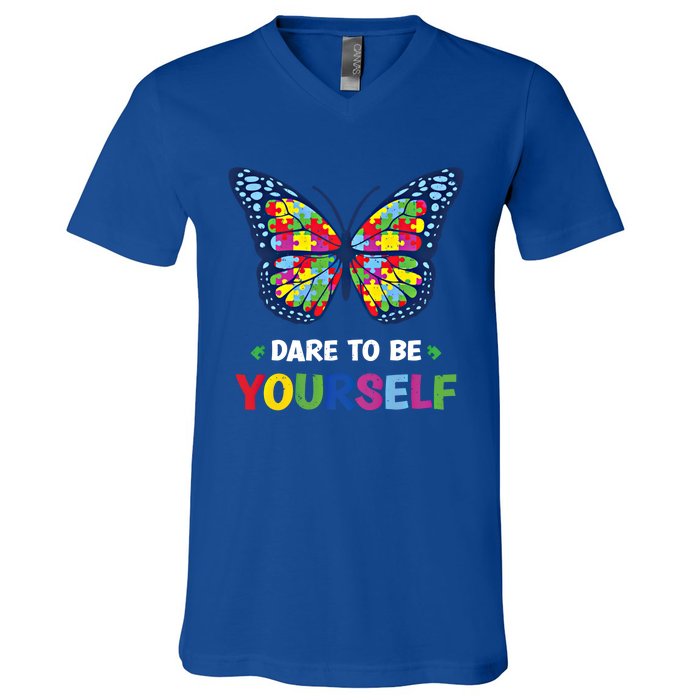 Dare To Be Yourself Butterfly Autism Awareness Meaningful Gift V-Neck T-Shirt