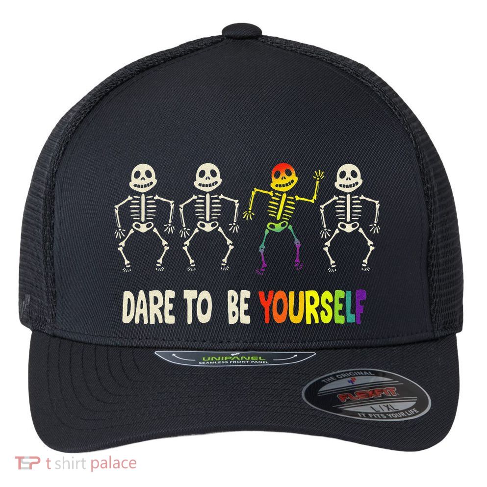 Dare To Be Yourself Cute Lgbt Pride Bones Rainbow Flexfit Unipanel Trucker Cap