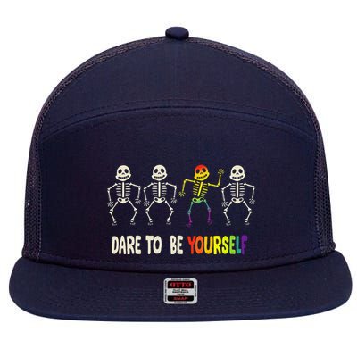 Dare To Be Yourself Cute Lgbt Pride Bones Rainbow 7 Panel Mesh Trucker Snapback Hat