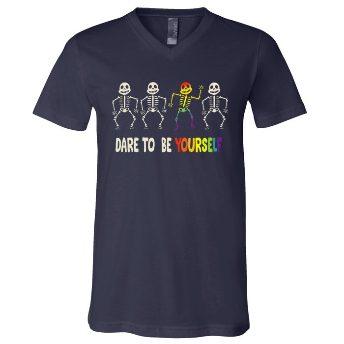 Dare To Be Yourself Cute Lgbt Pride Bones Rainbow V-Neck T-Shirt