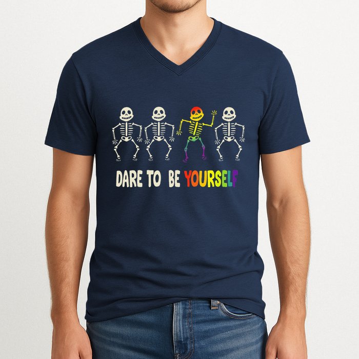 Dare To Be Yourself Cute Lgbt Pride Bones Rainbow V-Neck T-Shirt