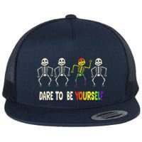 Dare To Be Yourself Cute Lgbt Pride Bones Rainbow Flat Bill Trucker Hat