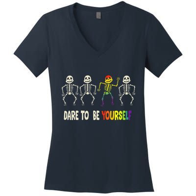 Dare To Be Yourself Cute Lgbt Pride Bones Rainbow Women's V-Neck T-Shirt