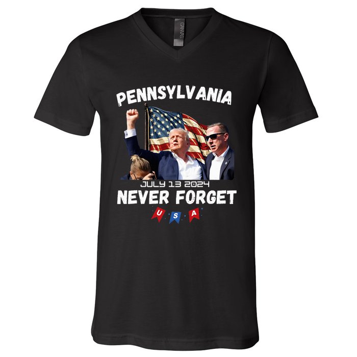 Donald Trump Butler Pennsylvania Never Forget V-Neck T-Shirt