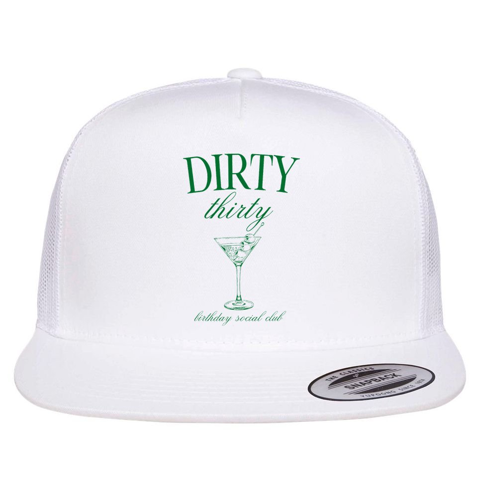 Dirty Thirty Birthday Social Club Retro Green Martini Flat Bill Trucker Hat
