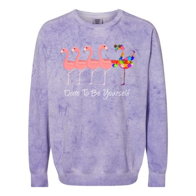 Dare To Be Yours Autism Awareness Pink Flamingo Gift Colorblast Crewneck Sweatshirt