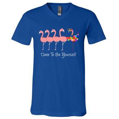 Dare To Be Yours Autism Awareness Pink Flamingo Gift V-Neck T-Shirt