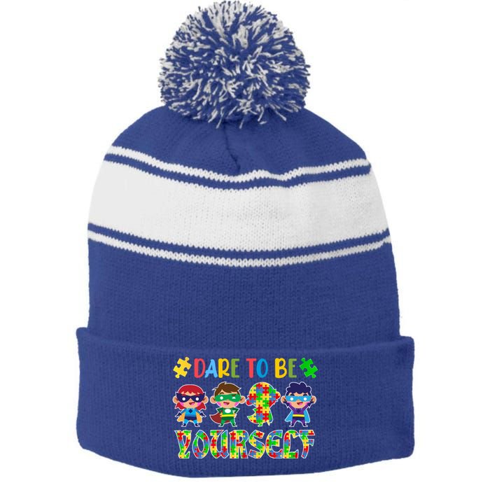 Dare To Be Yours Autism Awareness Superheroes Gift Stripe Pom Pom Beanie