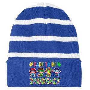 Dare To Be Yours Autism Awareness Superheroes Gift Striped Beanie with Solid Band