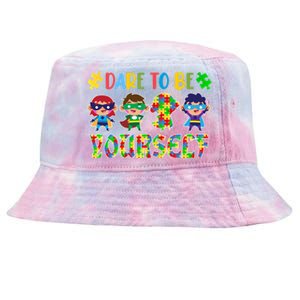 Dare To Be Yours Autism Awareness Superheroes Gift Tie-Dyed Bucket Hat