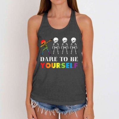 Dare To Be Yourself Halloween Costume Rainbow Skeleton Women's Knotted Racerback Tank