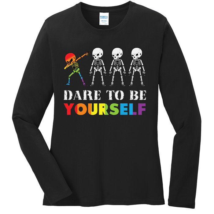 Dare To Be Yourself Halloween Costume Rainbow Skeleton Ladies Long Sleeve Shirt