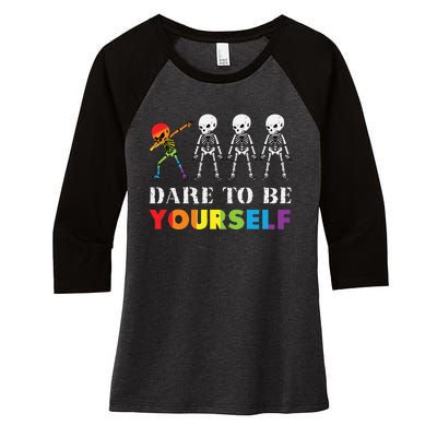 Dare To Be Yourself Halloween Costume Rainbow Skeleton Women's Tri-Blend 3/4-Sleeve Raglan Shirt