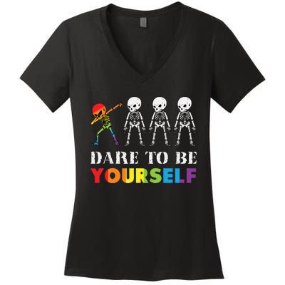 Dare To Be Yourself Halloween Costume Rainbow Skeleton Women's V-Neck T-Shirt