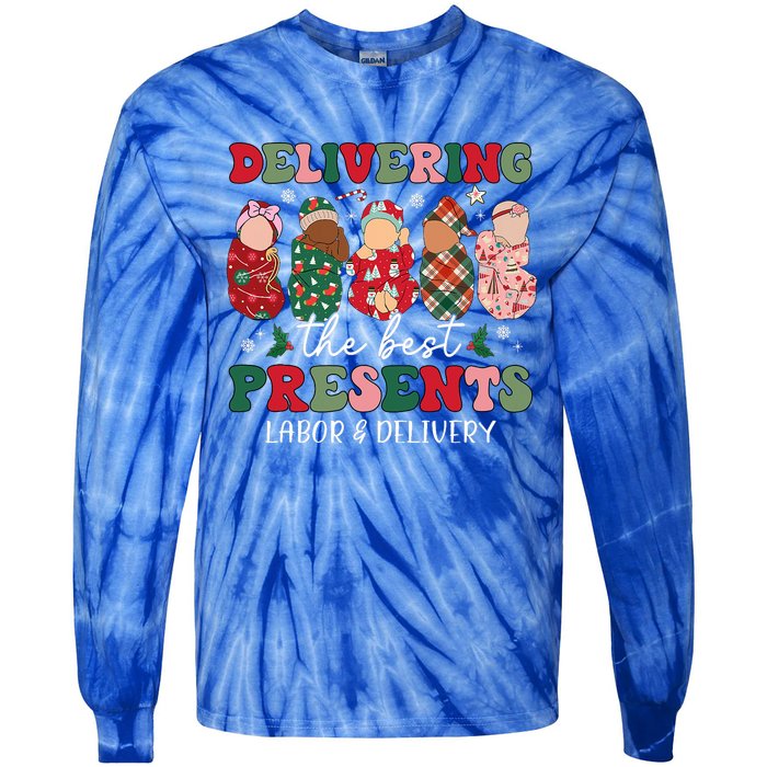 Delivering The Best Presents Labor Delivery Nurse Christmas Tie-Dye Long Sleeve Shirt