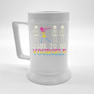 Dare To Be Yourself Skeleton Dab Pansexual Pan Pride Flag Cute Gift Beer Stein