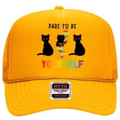 Dare To Be Yours Cute Lgbt Pride Cat Mermaid Funny Great Gift High Crown Mesh Back Trucker Hat