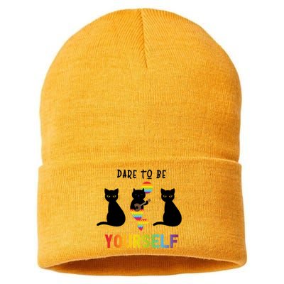 Dare To Be Yours Cute Lgbt Pride Cat Mermaid Funny Great Gift Sustainable Knit Beanie