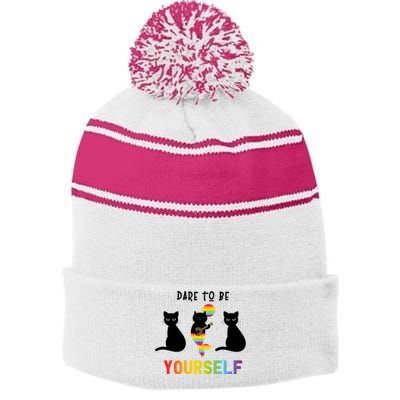 Dare To Be Yours Cute Lgbt Pride Cat Mermaid Funny Great Gift Stripe Pom Pom Beanie