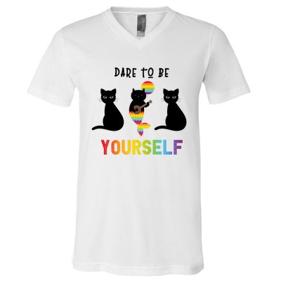 Dare To Be Yours Cute Lgbt Pride Cat Mermaid Funny Great Gift V-Neck T-Shirt