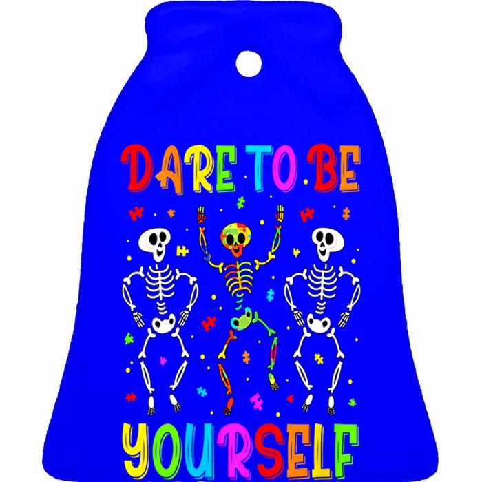 Dare To Be Your Self Dabbing Skeleton Autism Awareness Gift Ceramic Bell Ornament