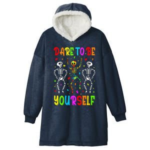 Dare To Be Your Self Dabbing Skeleton Autism Awareness Gift Hooded Wearable Blanket