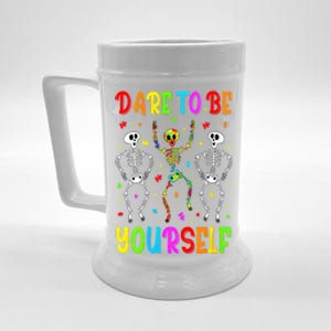 Dare To Be Your Self Dabbing Skeleton Autism Awareness Gift Beer Stein