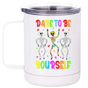 Dare To Be Your Self Dabbing Skeleton Autism Awareness Gift 12 oz Stainless Steel Tumbler Cup