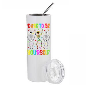 Dare To Be Your Self Dabbing Skeleton Autism Awareness Gift Stainless Steel Tumbler