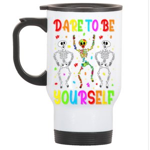 Dare To Be Your Self Dabbing Skeleton Autism Awareness Gift Stainless Steel Travel Mug