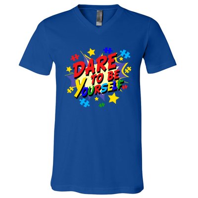 Dare To Be Yourself Autism Awareness Day Gift V-Neck T-Shirt