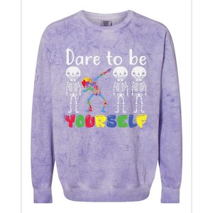 Dare To Be Your Self Dabbing Skeleton Autism Awareness Gift Colorblast Crewneck Sweatshirt