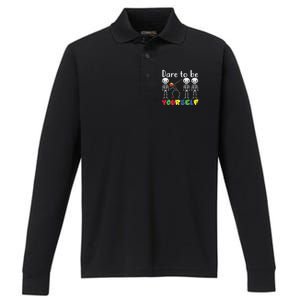 Dare To Be Your Self Dabbing Skeleton Autism Awareness Gift Performance Long Sleeve Polo