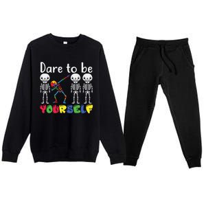 Dare To Be Your Self Dabbing Skeleton Autism Awareness Gift Premium Crewneck Sweatsuit Set