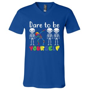 Dare To Be Your Self Dabbing Skeleton Autism Awareness Gift V-Neck T-Shirt