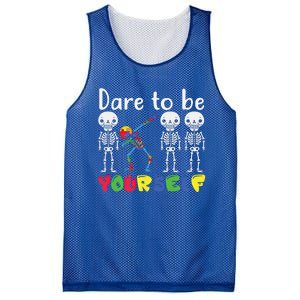 Dare To Be Your Self Dabbing Skeleton Autism Awareness Gift Mesh Reversible Basketball Jersey Tank