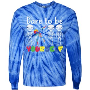 Dare To Be Your Self Dabbing Skeleton Autism Awareness Gift Tie-Dye Long Sleeve Shirt