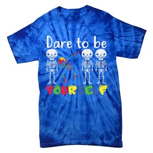 Dare To Be Your Self Dabbing Skeleton Autism Awareness Gift Tie-Dye T-Shirt