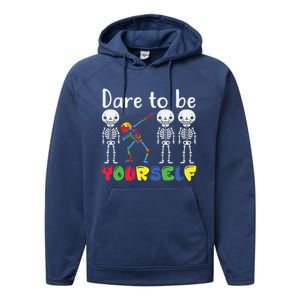 Dare To Be Your Self Dabbing Skeleton Autism Awareness Gift Performance Fleece Hoodie