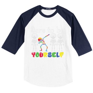 Dare To Be Your Self Dabbing Skeleton Autism Awareness Gift Baseball Sleeve Shirt