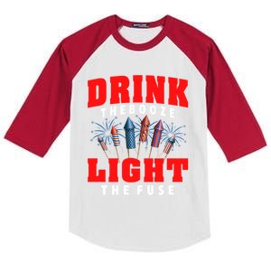 Drink The Booze Light The Fuse 4th Of July Fireworks USA Kids Colorblock Raglan Jersey