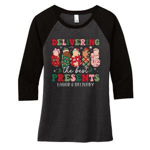 Delivering The Best Presents Labor Delivery Nurse Christmas Women's Tri-Blend 3/4-Sleeve Raglan Shirt