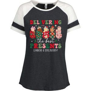 Delivering The Best Presents Labor Delivery Nurse Christmas Enza Ladies Jersey Colorblock Tee