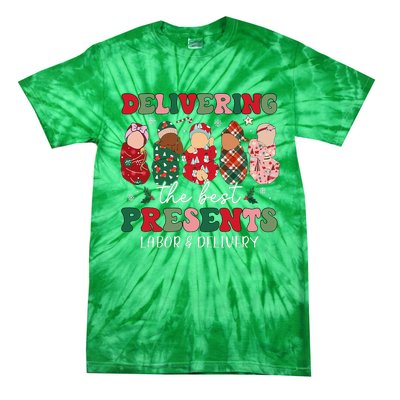 Delivering The Best Presents Labor Delivery Nurse Christmas Tie-Dye T-Shirt