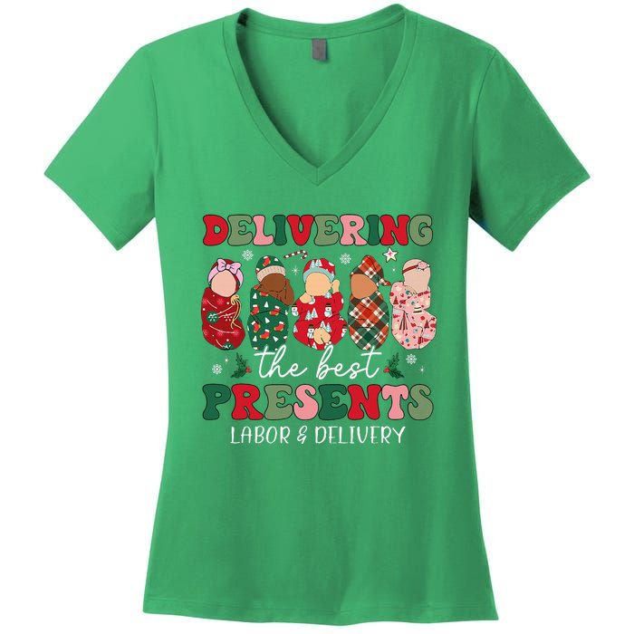 Delivering The Best Presents Labor Delivery Nurse Christmas Women's V-Neck T-Shirt