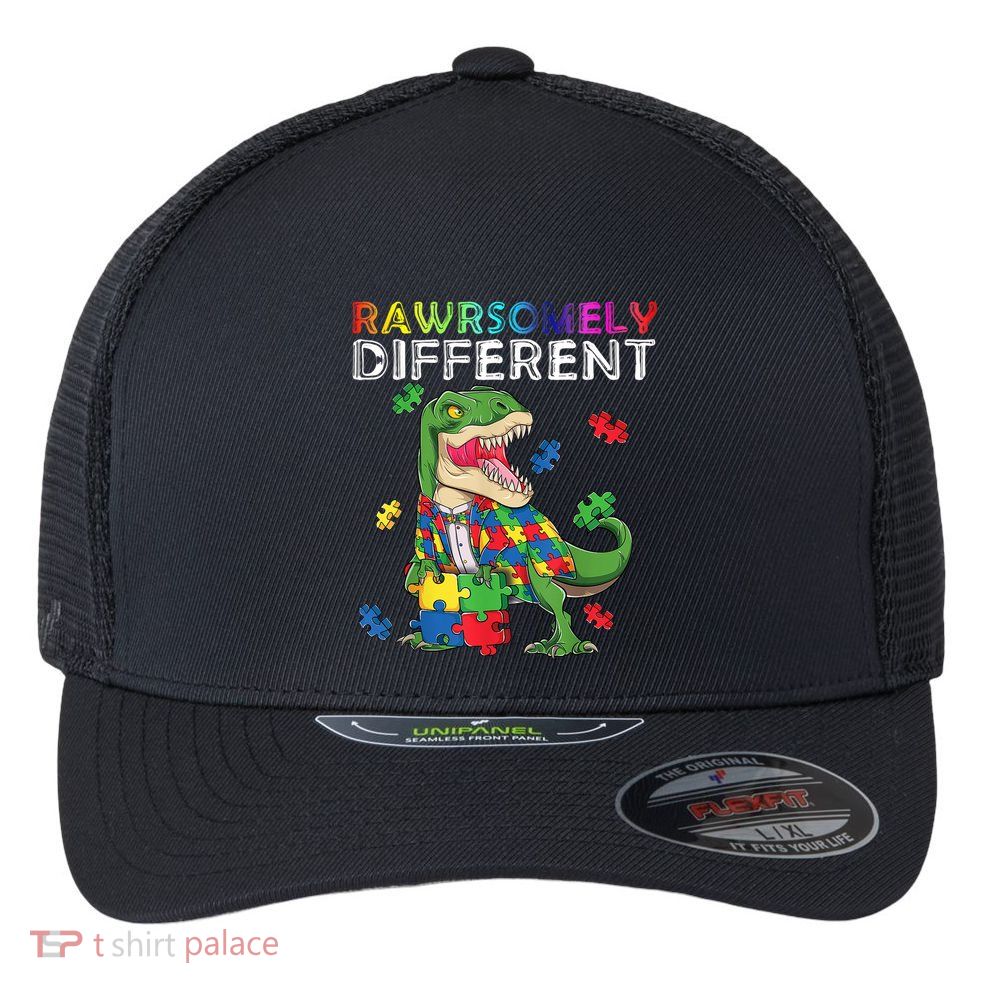Dare To Be Yours Different Autism Awareness Dinosaur Cool Gift Flexfit Unipanel Trucker Cap