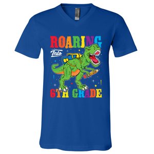 Dinosaur TRex Back To School Roaring Into Sixth Grade Gift V-Neck T-Shirt