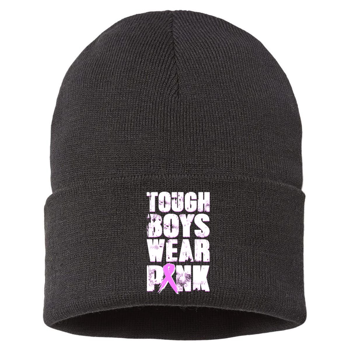 Distressed Tough Boys Wear Pink Breast Cancer Awareness Sustainable Knit Beanie