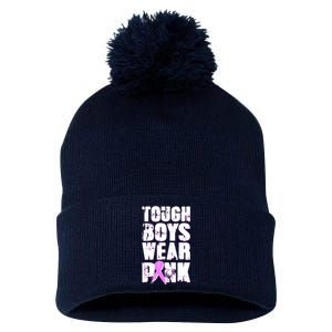 Distressed Tough Boys Wear Pink Breast Cancer Awareness Pom Pom 12in Knit Beanie