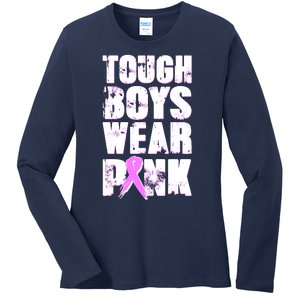 Distressed Tough Boys Wear Pink Breast Cancer Awareness Ladies Long Sleeve Shirt